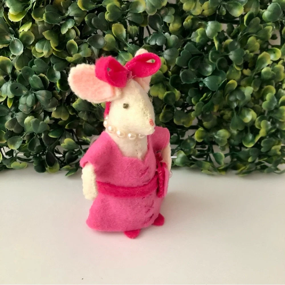 Hot Pink Dress Felt Mouse Art Doll Cake Topper hand-sewn handmade